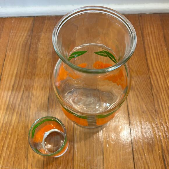 Vintage Anchor Hocking Orange Leaf Pattern, Carafe and Juice Glass set of 2 - Picture 4 of 8